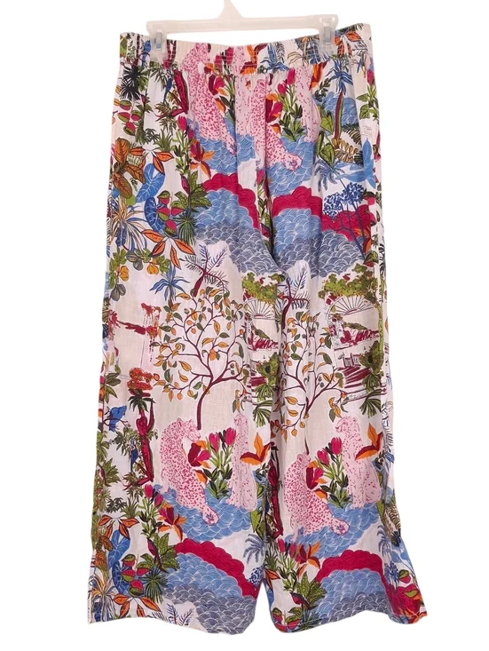 Nicole Miller linen wide leg crop pants leopard floral scene print resort wear - Picture 2 of 10